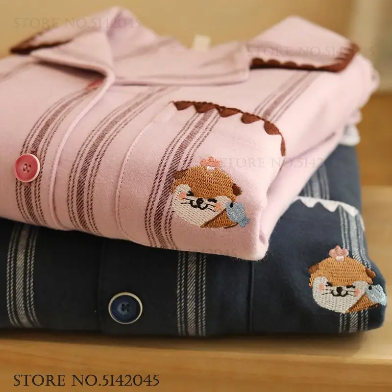 

Хлопковый пижамный комплект с вышивкой из 2 предметов, одежда для сна, весенне-осенний пижамный костюм с длинными рукавами, домашняя одежда, свободная повседневная одежда для дома, пижама