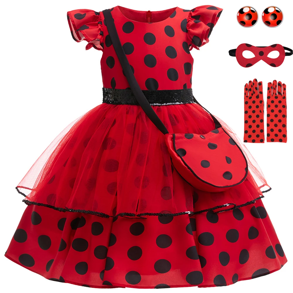 Girls Carnival Ladybug Polka Dot Dress for Girl Ladybird Princess Dress Up 6pc Set with Eye Mask,Bag,Earring Kids Birthday Party