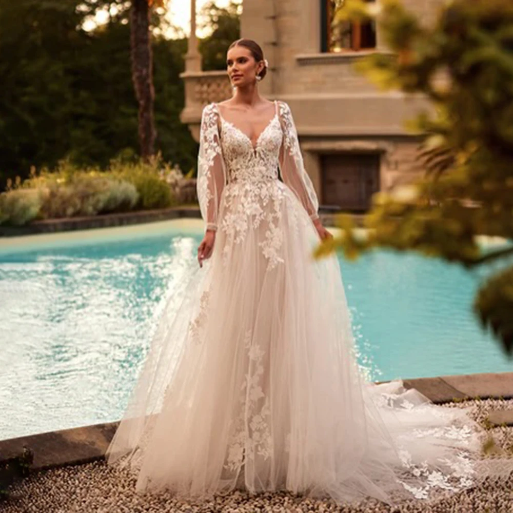 

V-neck Tulle Appliques Detachable Sleeve Boho Wedding Party Dress Lace A-line Backless Bridal Dress with Train Custom Made