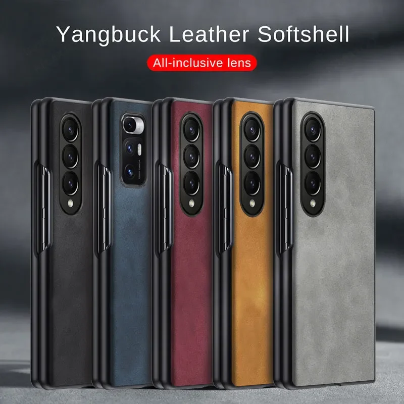 Luxury Solid Color Business Soft Leather Case for Samsung Galaxy Z Fold4 Fold5 Fold3 Hard PC Shockproof Phone Cover