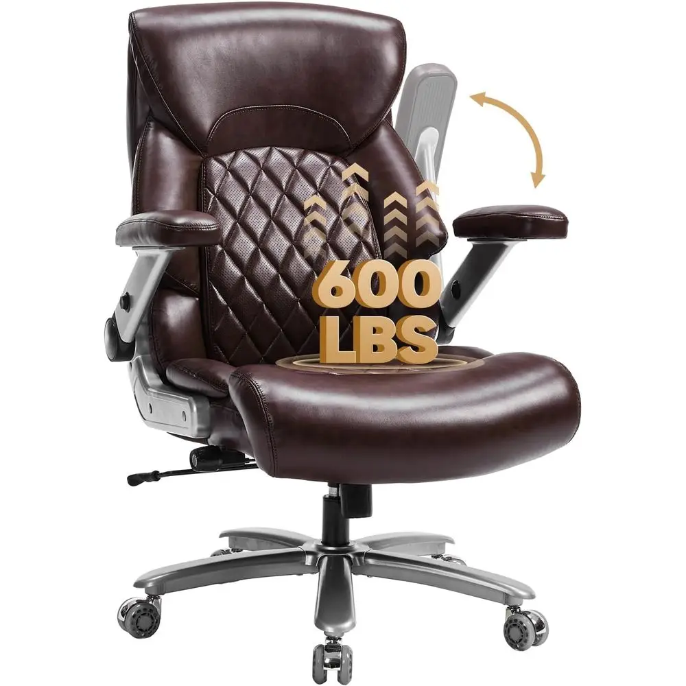 600 lbs Capacity Large Ergonomic Office Chair with Adjustable Armrests, Lumbar Support, and Dual Rubber Wheels - Brown
