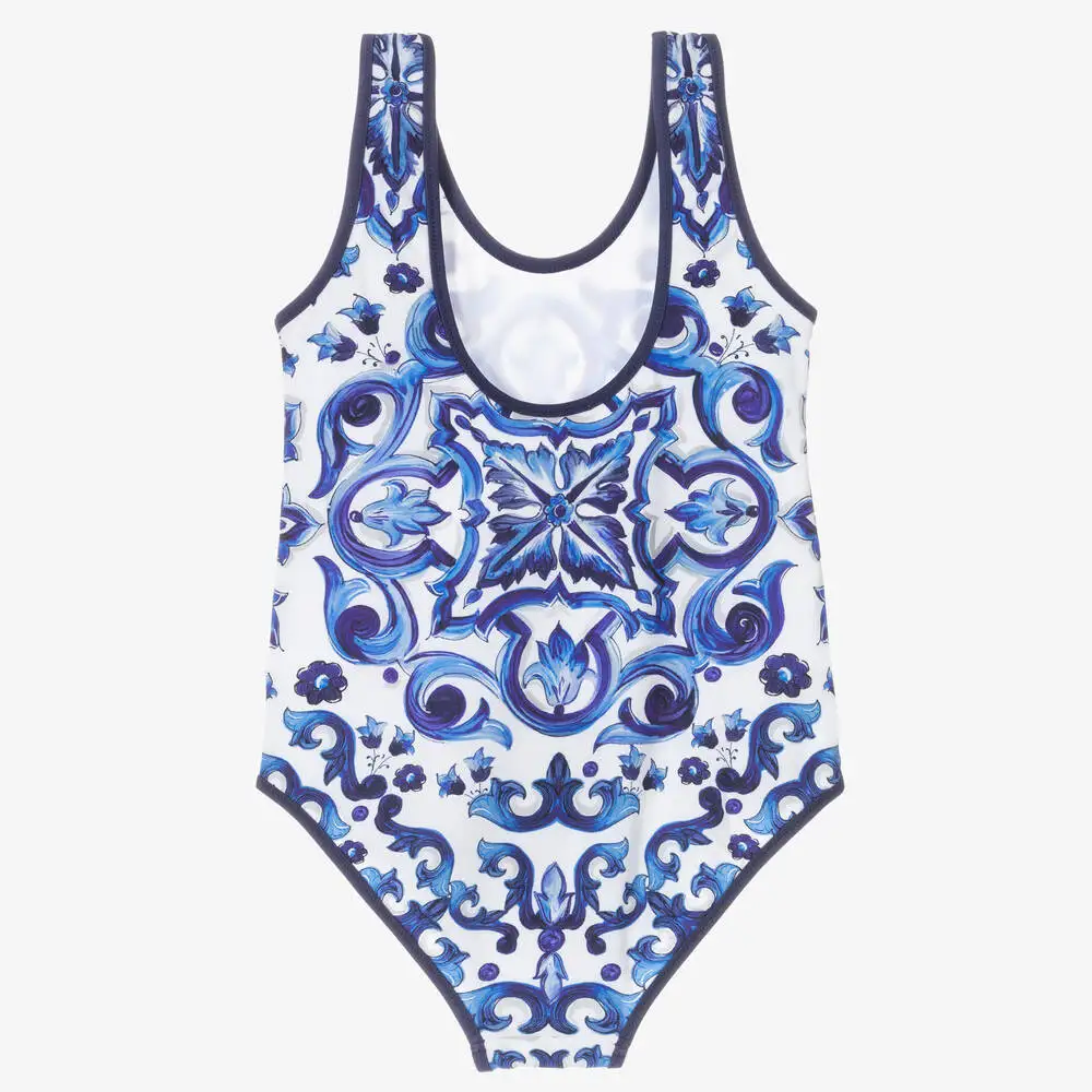 2024 New Adult blue flower swimsuit parent-child one-piece swimsuit wholesale high-quality women\'s swimsuit