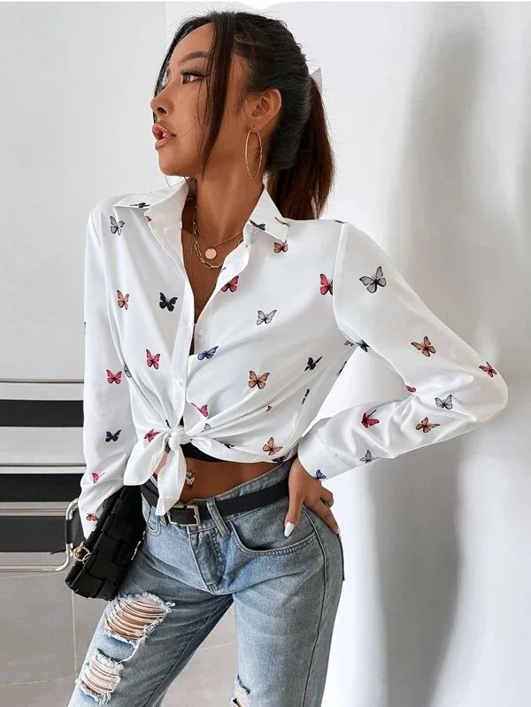 Camicia moda manica lunga bianca con stampa farfalla Donna 2025 Bottoni primaverili Casual Streetwear Top e camicetta Top Femme Camicie