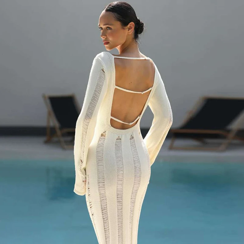 Tornova Backless Hollow Knitted Maxi Dress Women Sexy See Through Long Sleeve Vacation Dresses Elegant High Waist Sweater Dress