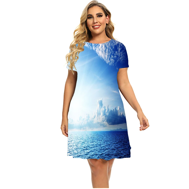 Vestidos estilo praia de cenário natural feminino, mini-vestido de manga curta, casual com gola redonda, roupas soltas estampadas, plus size 6XL, verão