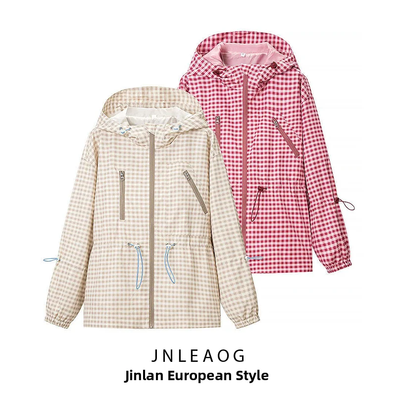 

JNLEAOG Summer New Women's Fashion Casual Plaid Hooded Coat Polyester Standard Fit Long Sleeve Zipper Closure Standard Length