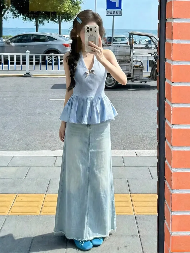 

Корейская джинсовая юбка-клеш с высокой талией, женская, весенняя новинка, большие размеры, стройнящая, скрывающая живот, длинная юбка