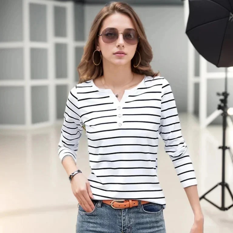 Women Spring Autumn Style Blouse shirts Tops Lady Casual Long Sleeve Striped Printed V-Neck Tops Tee