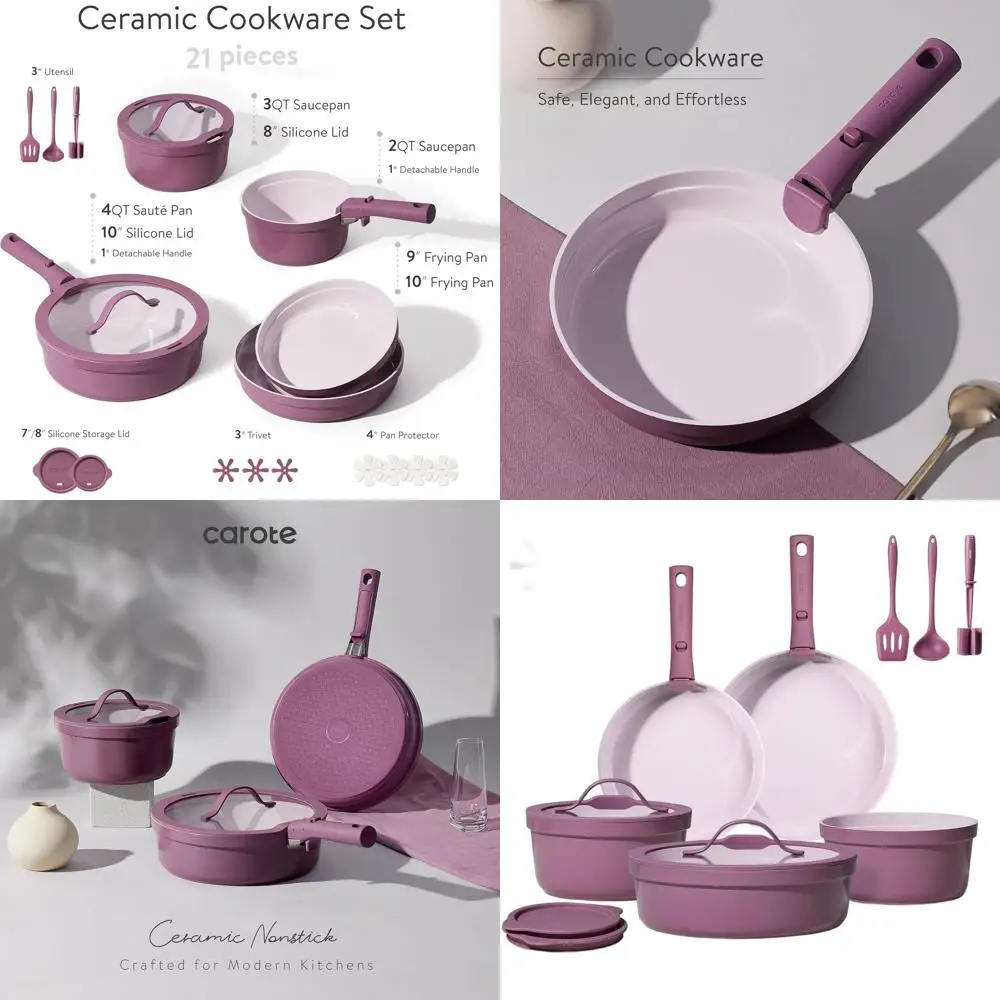 

Фиолетовый набор индукционной посуды с антипригарным покрытием, 21 предмета со съемными ручками, удобные для автофургона, без PFAS и PFOA кухонные принадлежности
