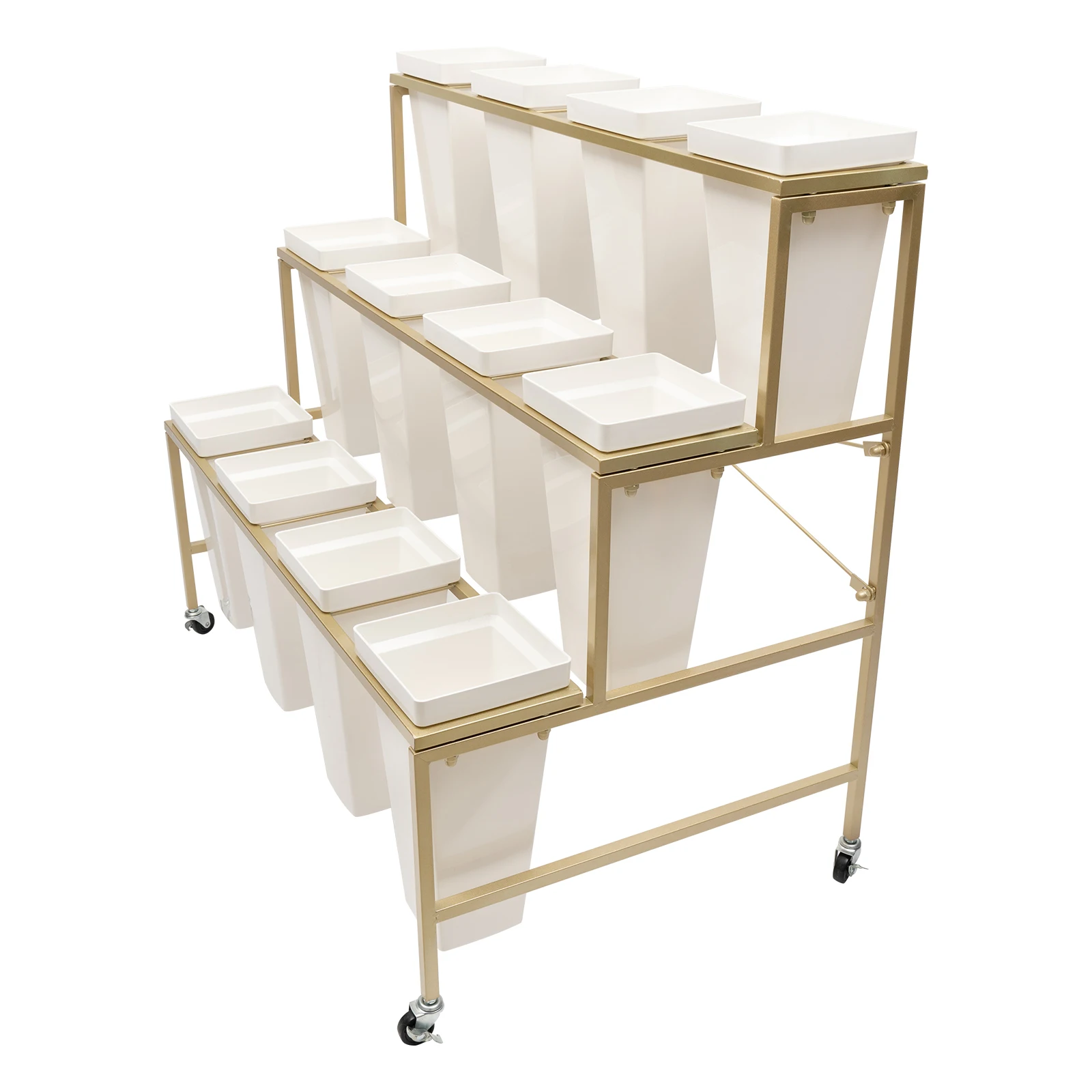 3 Layers White Flower Display Stand Heavy Duty Metal Plant Cart Shelf with 12 Buckets & Wheel for Home Patio Garden Florist image 5