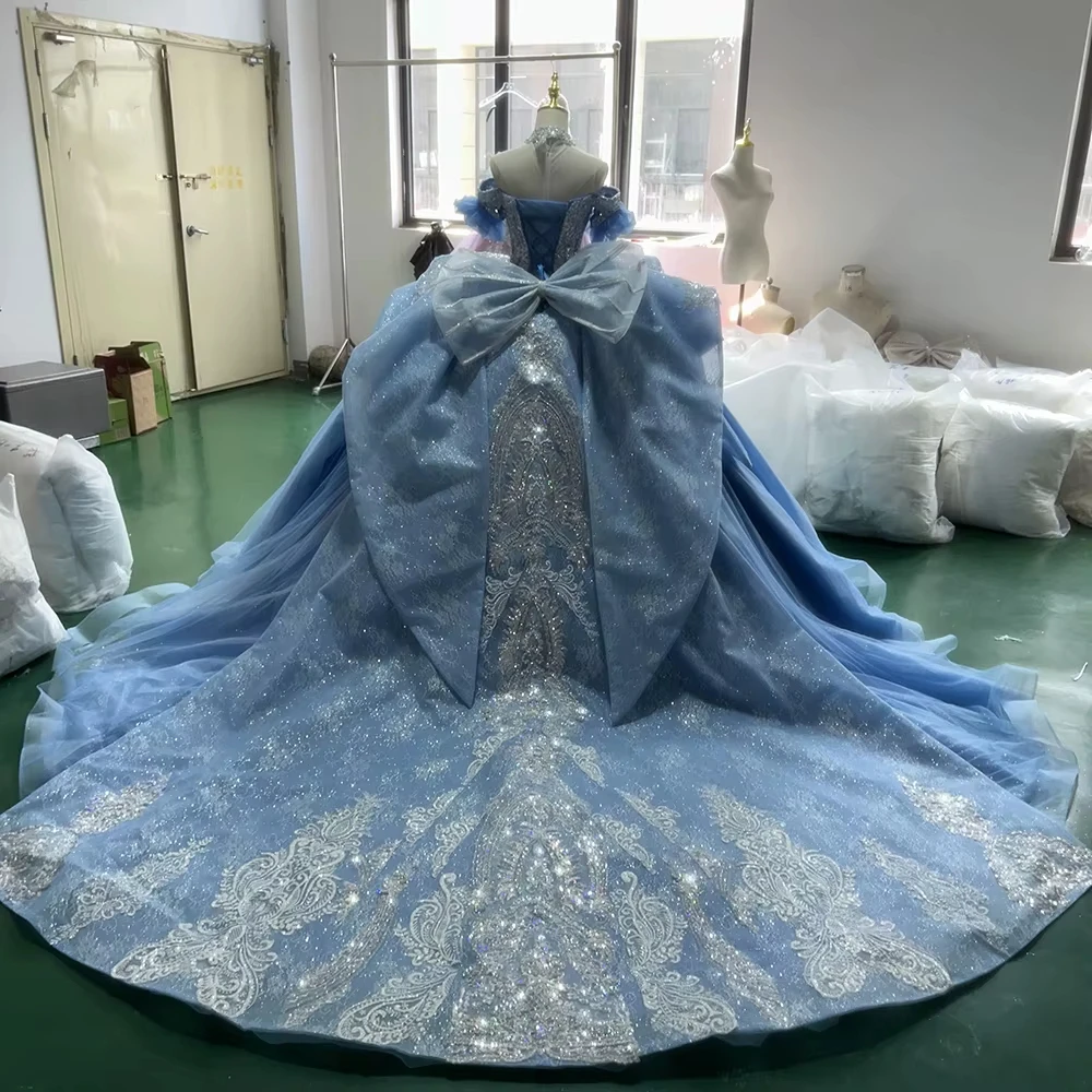 Vestido de fiesta azul con escote corazón, hombros descubiertos, lazo en la espalda, con cuentas de cristal, vestidos largos para ocasiones especiales