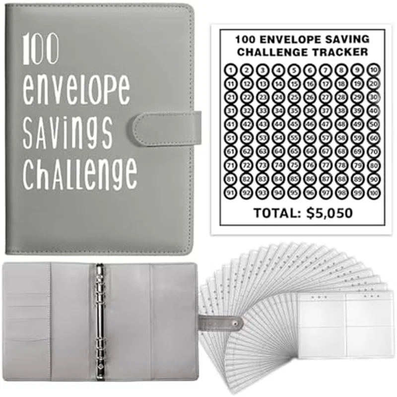 

100 Envelope Challenge Binder, A5 Money Saving Budget Binder - Save 5,050 With The Money Saving Challenge Grey Durable