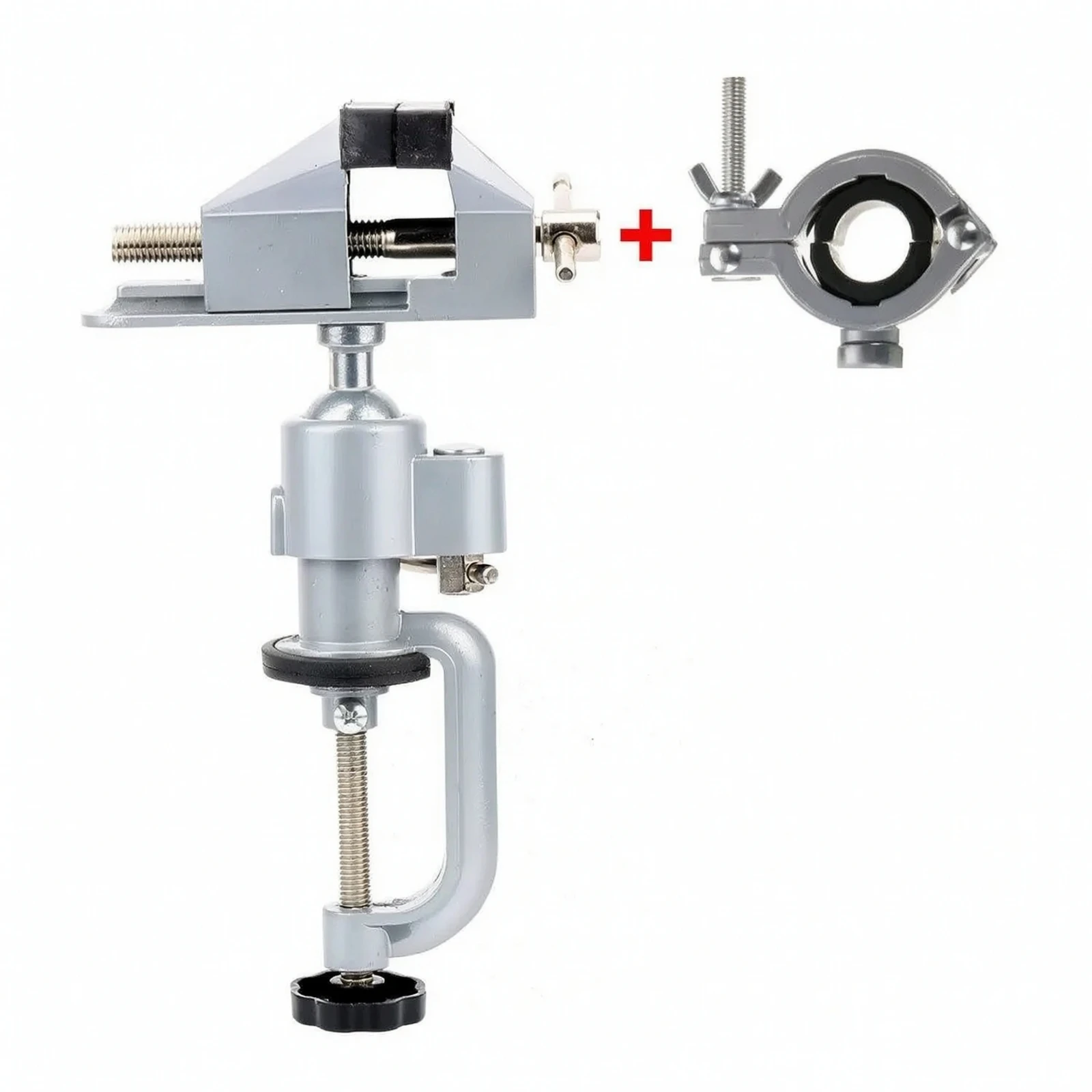 2 Pieces Rotating Bench Vise with Clamp 360-Degree Clamp-on Vise with Drill Holder Table Vice Heavy Duty Tool Support Compact