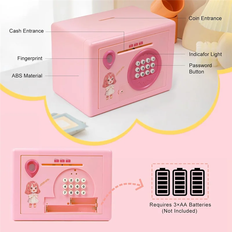 حصالة HFES Piggy Bank للأطفال، صندوق توفير المال بكلمة مرور بصمة الإصبع، آلة ATM آمنة لأموال البنك المعدنية هدية لعيد الميلاد