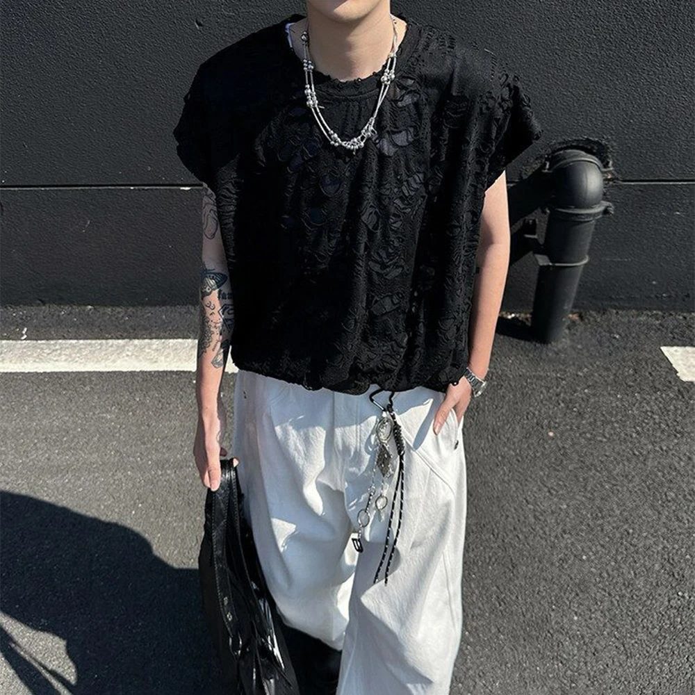 Men's S-6XL Solid Color Ripped Hollow-Out Vest American Retro Fashion Trendy Street Loose Casual Breathable Niche Men's Top