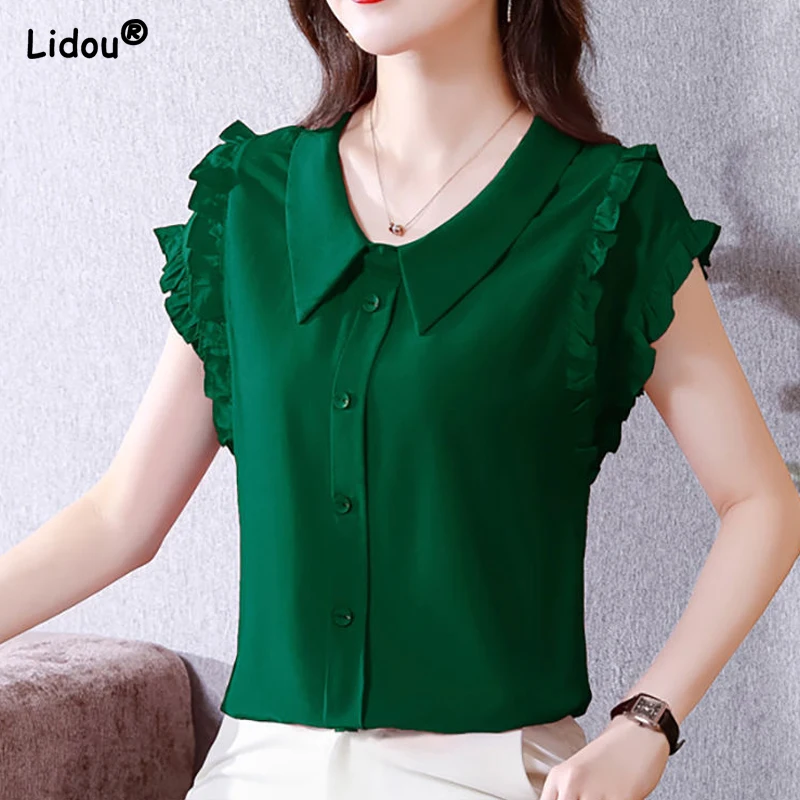 

Solid Color Office Lady Summer Petal Sleeve Straight Loose Blouses Fashion Turn-down Collar Button Thin Comfortable Tops Women