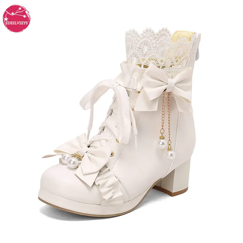 

Women's Preppy Steampunk Kawaii Goth Lolita Platform Ankle Boots - Lace-Up with Bow & Pearl, Cute Sweet for Christmas & Cosplay