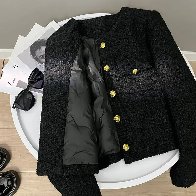 PopFrench Coarse Tweed Fleece Black Top 2024 Autumn/Winter Korean Style Thickened Cropped Tweed Jacket For Women Trendy