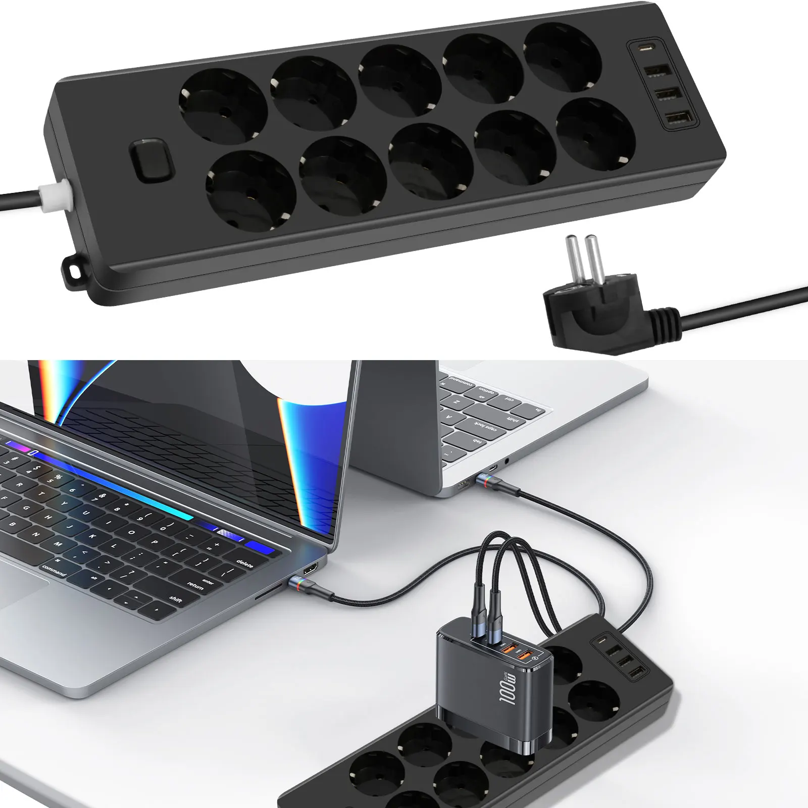 

10-Way Multiple Socket Power Strip Surge Protection with 1 Type C Ports and 3 USB A Ports 2000W for Home Office Dorm Gaming Room