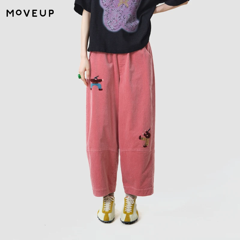 MOVEUP Women's Corduroy Casual Straight‑Leg Pants 2026 Autumn Elastic Waist Cute Figure Embroidery Loose Trousers 3ELQ20118