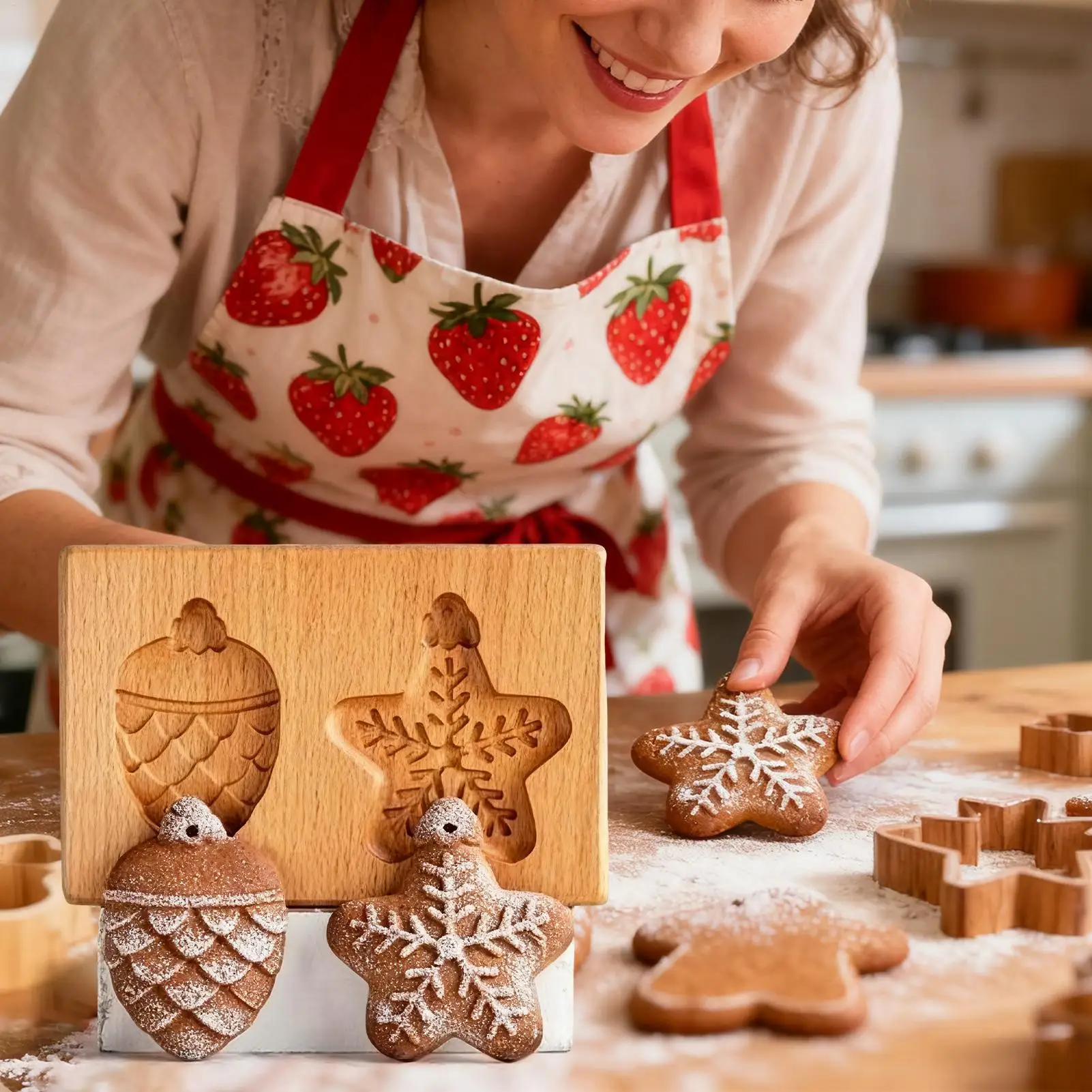 Wooden Cookie Stamps 3D Realistic Mold Cookie Making Tool Decorative Baking Supplies Cookie Pine Nut Cutter Stamps For Christmas
