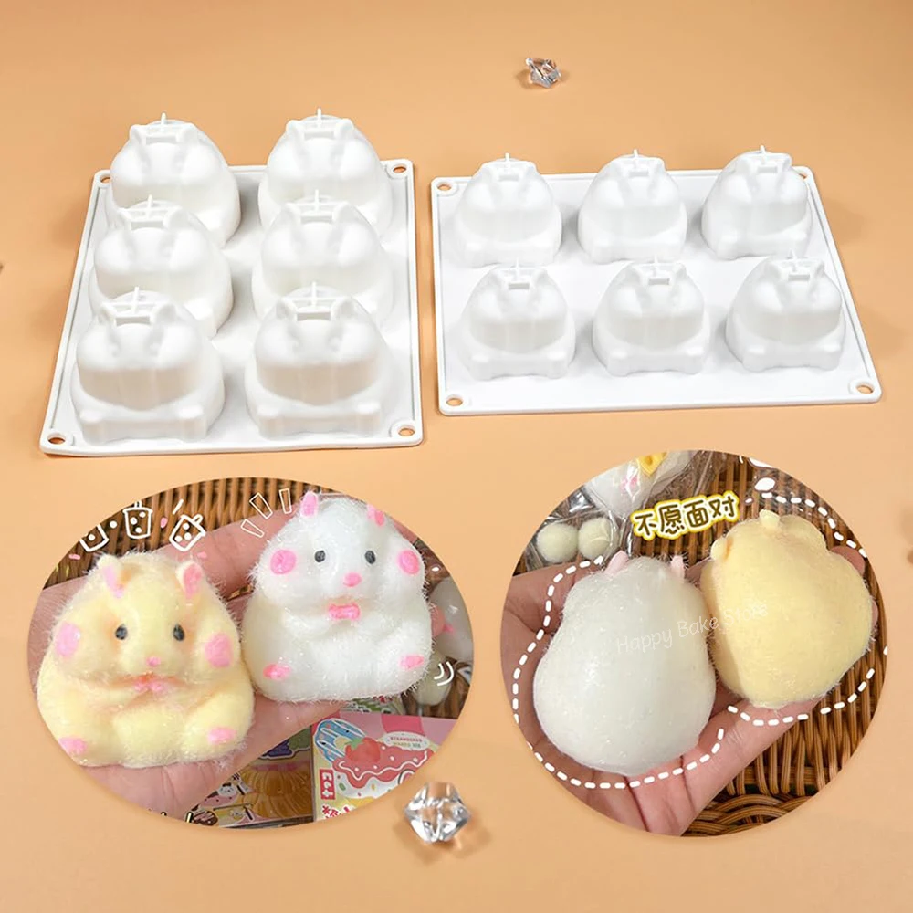 6-Cavity Little Hamster Silicone Mold, Mousse Cake Decorating Mould, for Making Chocolate, Candy, Soap, Kitchen Bakings Supplies