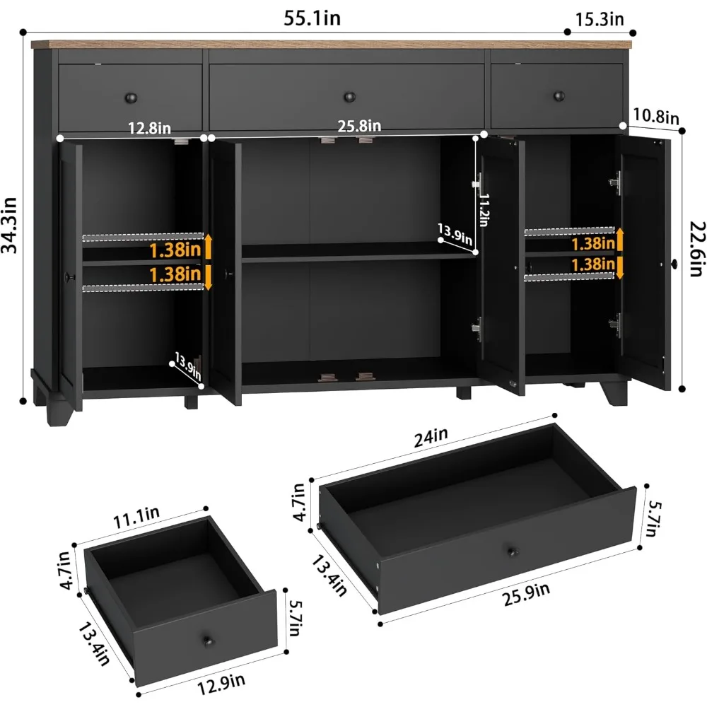 55 inch large kitchen buffet cabinet with storage drawers, farmhouse side cabinet with doors and shelves