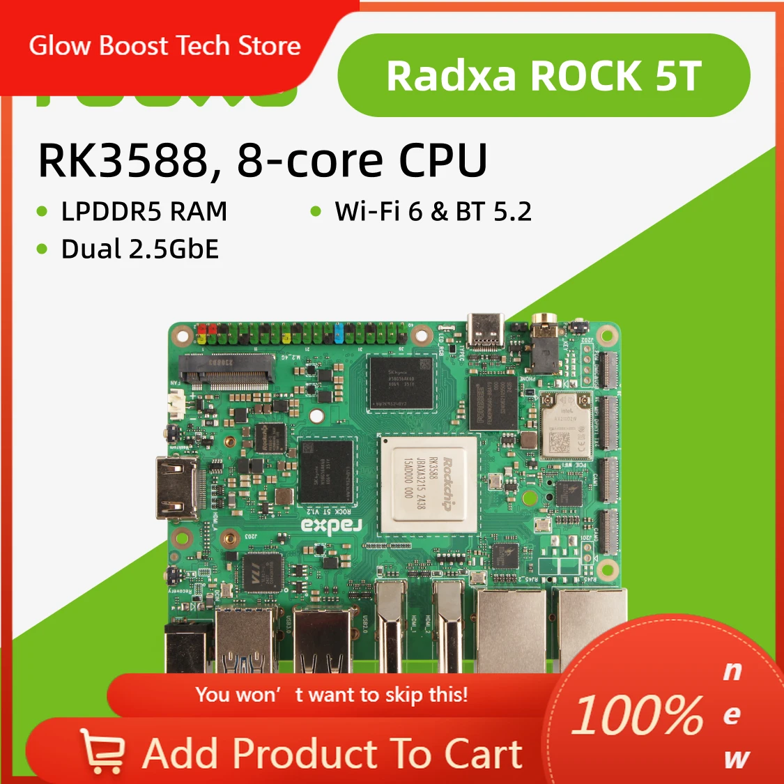 NYRadxa ROCK 5T с 8-ядерным процессором RK3588, 8K HDMI, ОЗУ LPDDR5 и Wi-Fi 6