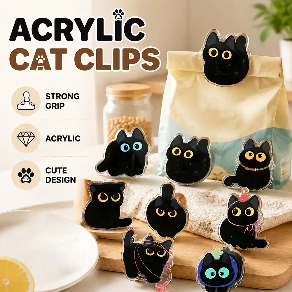 Cute Black Cat Acrylic Sealing Clips 8 Styles Snack Bag Sealer Clip Food Package Paper Photo Fastener Kitchen Storage Organizer