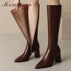 Meotina Women Genuine Leather Knee High Long Boots Pointed Toe Block High Heels Zipper Gogo Boot Lady Fashion Shoes Winter Brown