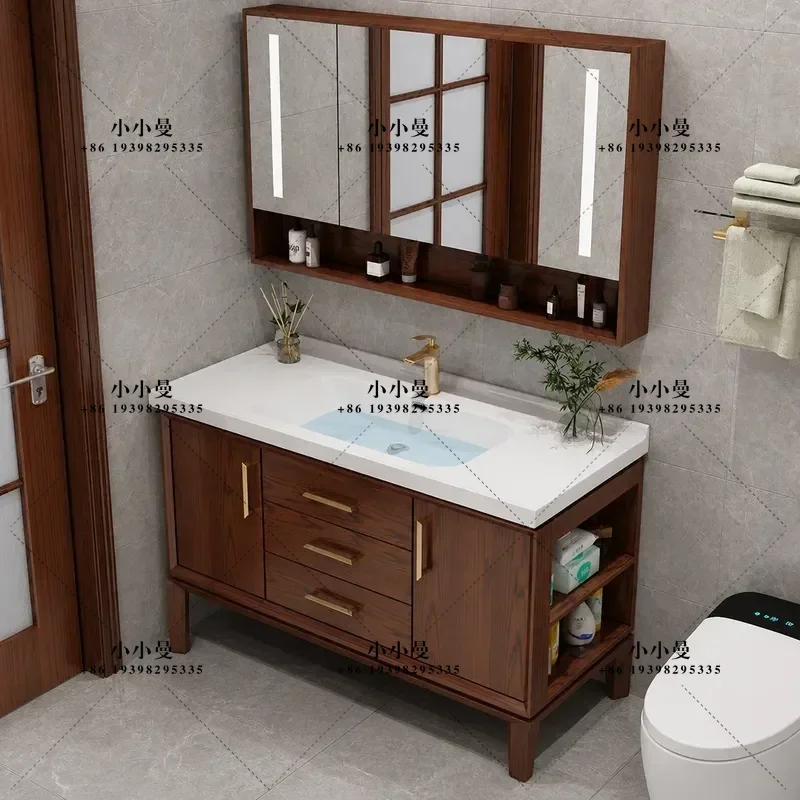 New Chinese Style Oak Integrated Ceramic Basin Floor to Ceiling Bathroom Cabinet with Smart Mirror and Washbasin Combination