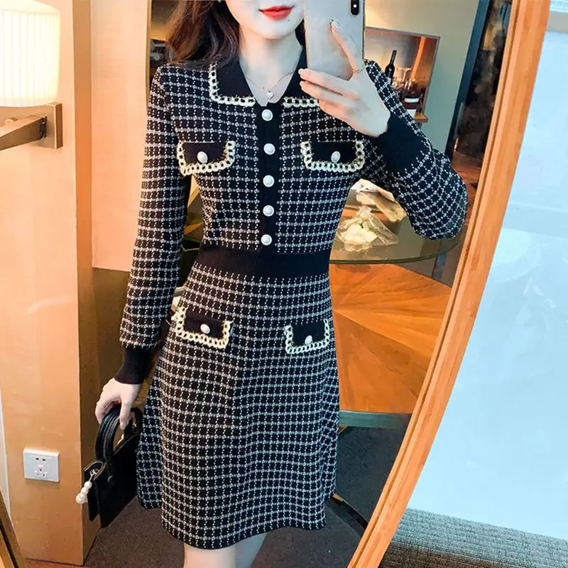 Knit Female Dress Midi Bodycon Knee Length Colorblock Clothing Crochet Women\'s Dresses Cover Up Plaid Hot Promotion One-piece