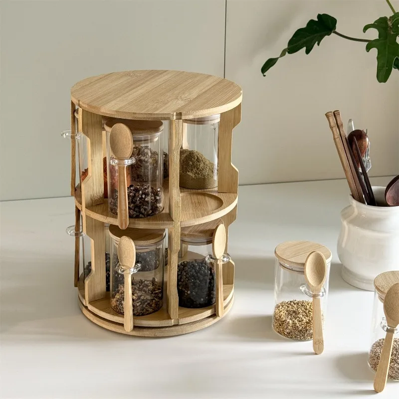 Rotating Wooden Spice Rack, Kitchen Seasoning Storage Organizer, Airtight Glass Jars for Grains Cereal Condiment Container Set