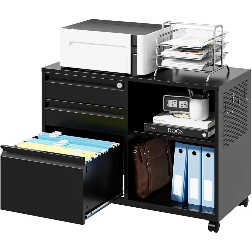 Mobile 3 Drawer File Cabinet with Lock-Metal Lateral Rolling Printer Stand Filing Cabinets for Home Office-Storage A4/F4/Letter