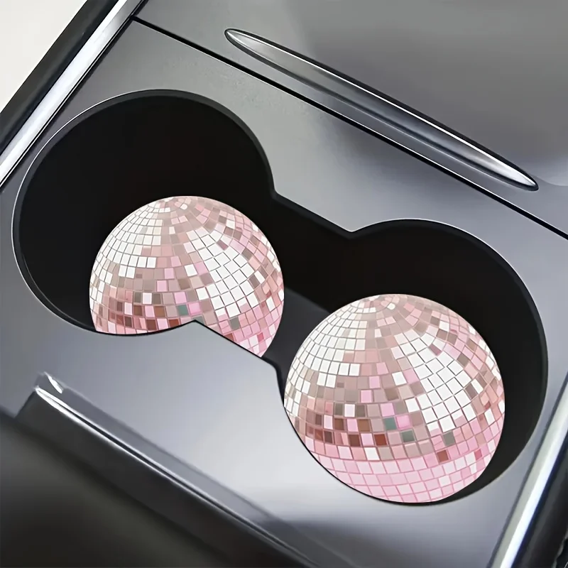Picture 6: Set Of 2 Pink Disco Ball Coasters With A Simulated Design, Perfect For Car Cup Holders. An Original And Imaginative Present For