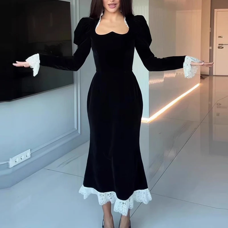 Vestido largo negro Sexy con cuello en U de encaje de retales para mujer nuevo vestido de fiesta de terciopelo ajustado liso elegante vestido Maxi bohemio de manga larga de otoño