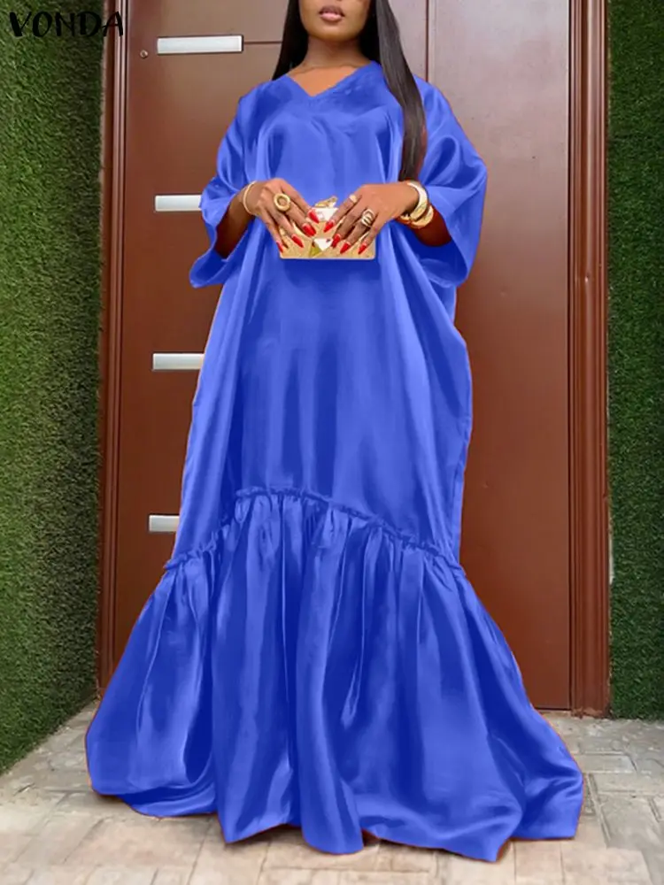 

Plus Size VONDA 2025 Fashion Maxi Dress Women Elegant V-Neck Evening Party Vestidos Casual Loose Ruffled Sundress Satin Robe