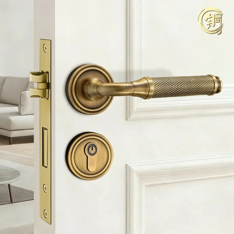 Premium Brass Double Door Handle Indoor Silent Door Lock Light Luxury Style for Bedroom Living Room Household Use