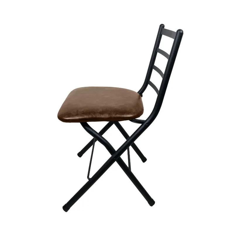 Indoor Black Folding Slat Chair with Brown Vegan Leather Seat