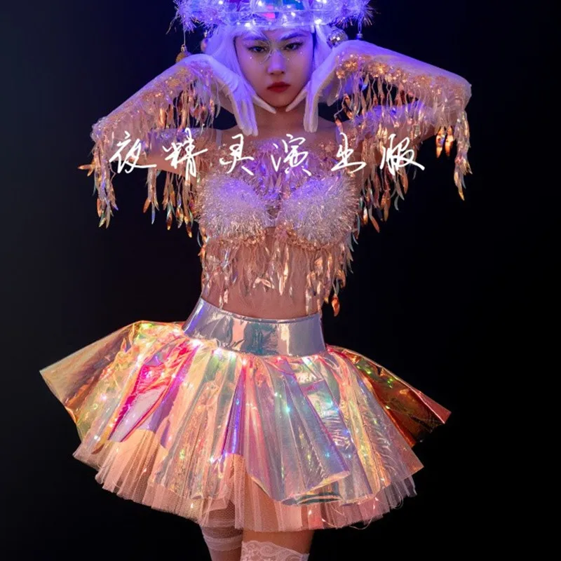 Bar Nightclub Party Show Singer Dancer Team Performance Costume Christmas Festival Clothing Sequin Tassel Top Laser Skirt Outfit