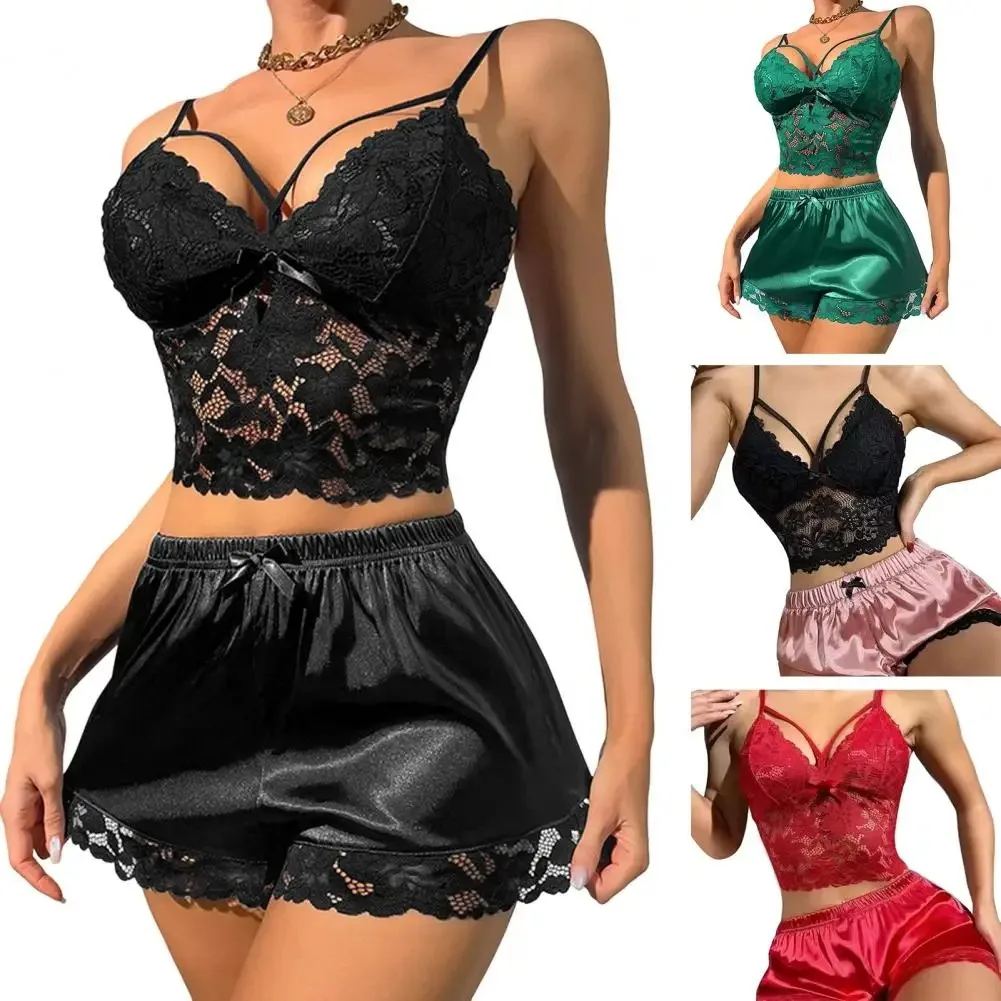 

2 Pcs Set Lace Nightgown Women Exquisite Homewear Nighttime Pajamas Transparent Split Nightdress V-Neck Bra Panty Sets