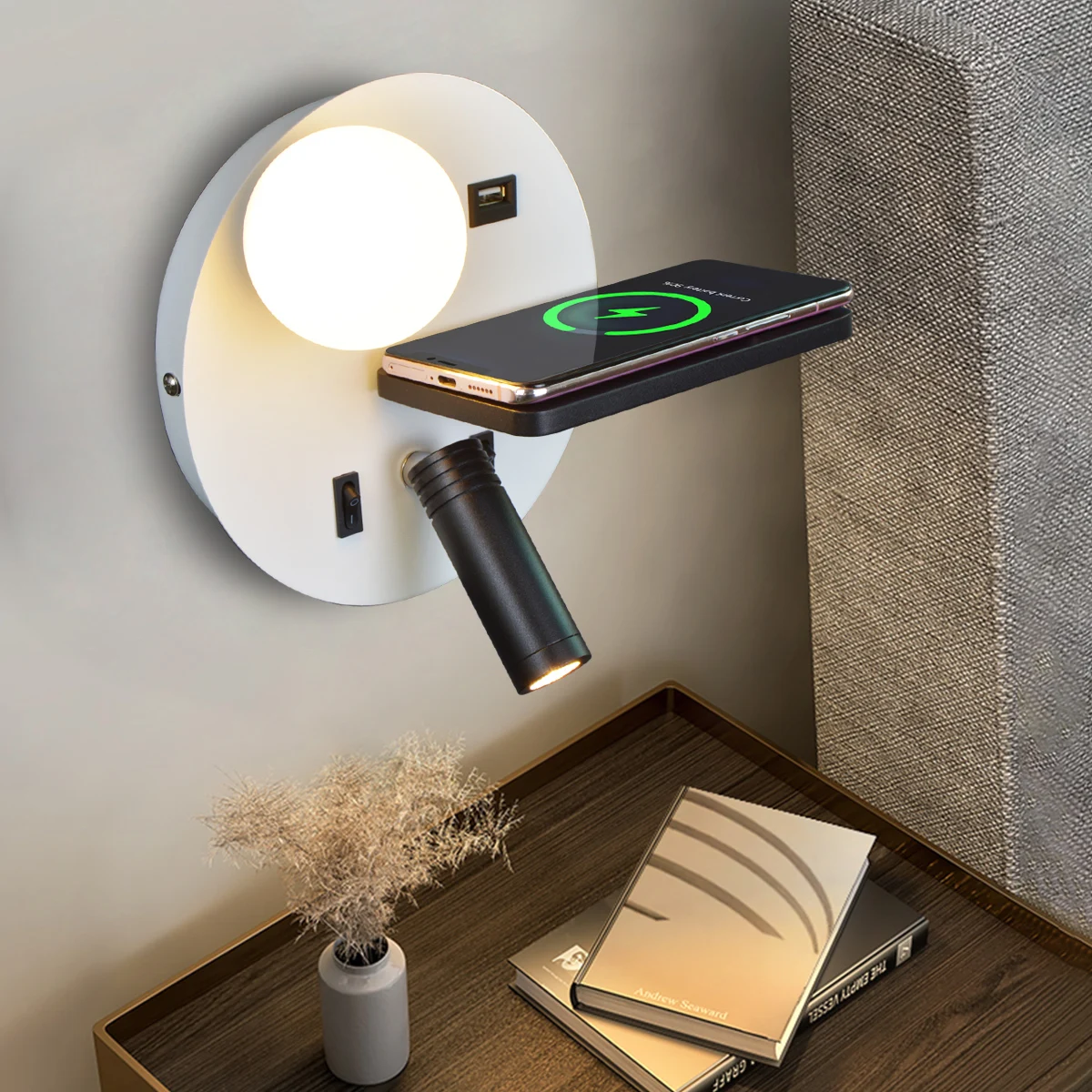 Multifunction LED Reading Interior Wall Light Black with USB Wireless Sconce, Phone Charging Switch Bedside Wall Lamp Home Decov