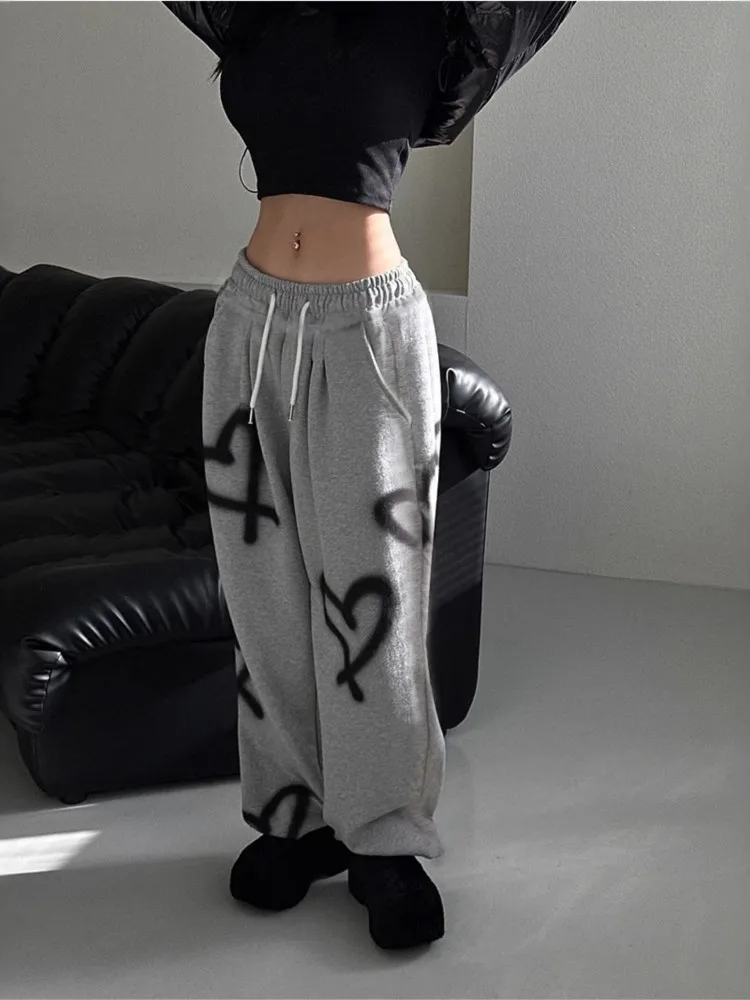 

2025 All-match Wide Legs Sweatpants Woman Pants Printed Love Y2k Clothing Drawstring Elastic Waist Simple Style Sports Commuting
