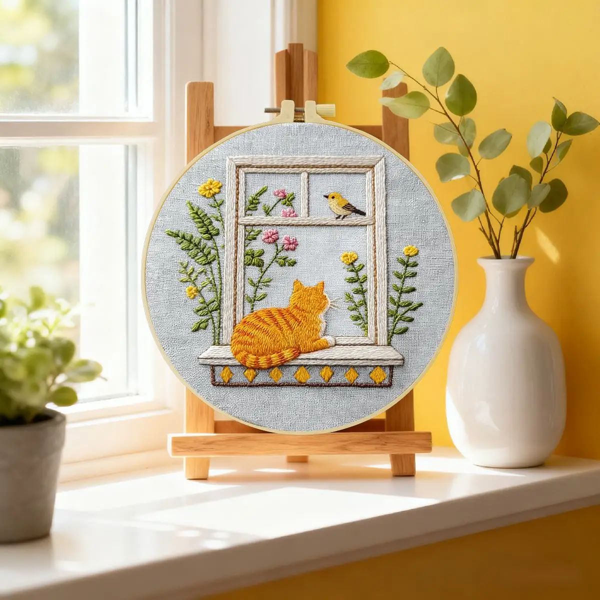 1 Stück 20X20CM/15X15CM 7,87/6,3 Zoll Die Katze am Fenster Stickerei-Starter-Kit DIY-Kit DIY-Stickerei-Set Handarbeiten Nadelkunst – Detail 1