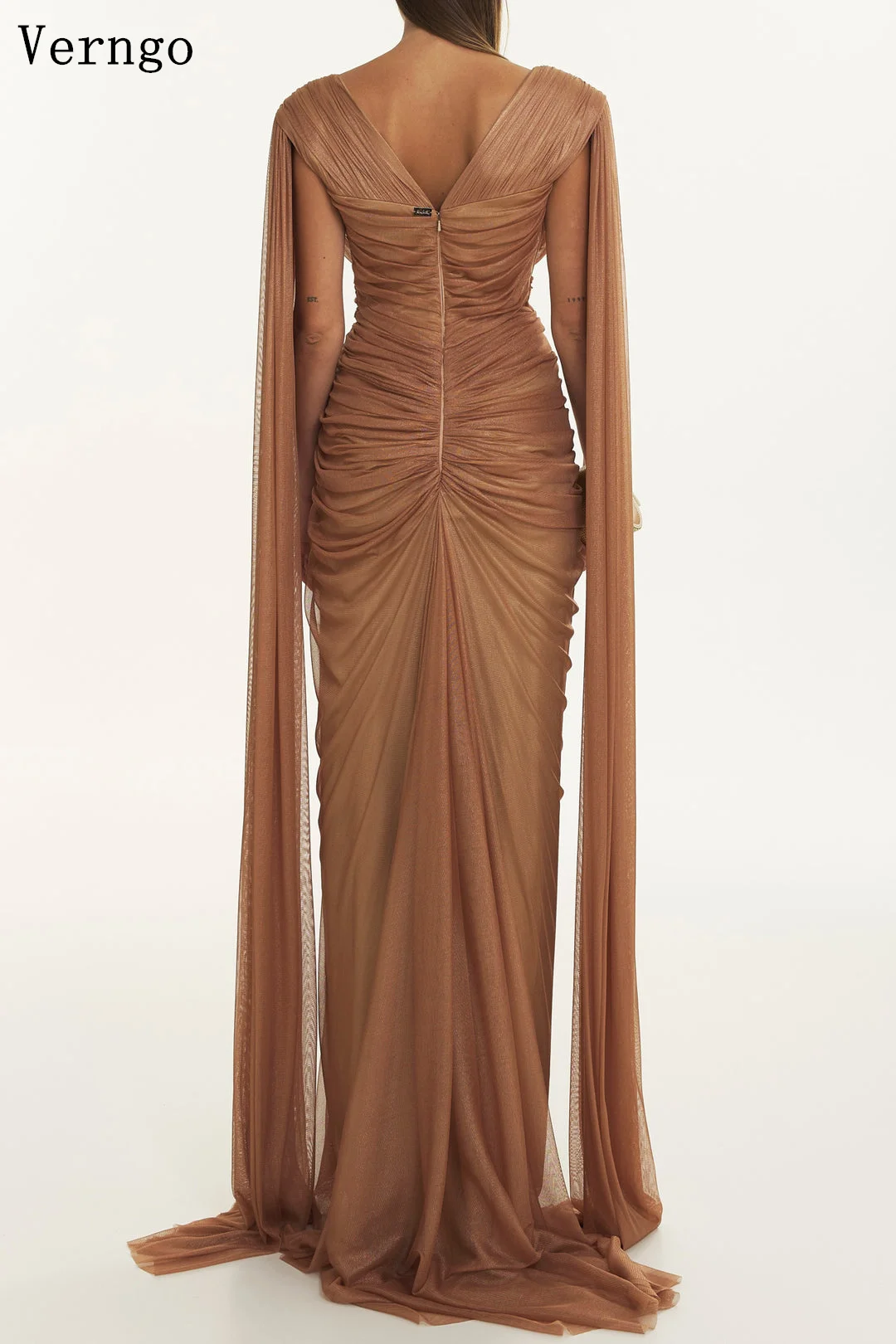 Verngo Brown Tulle Silk Evening Dress V Neck Sleeveless A Line Side Slit Prom Gowns Elegant Pleated Party Dress Customized