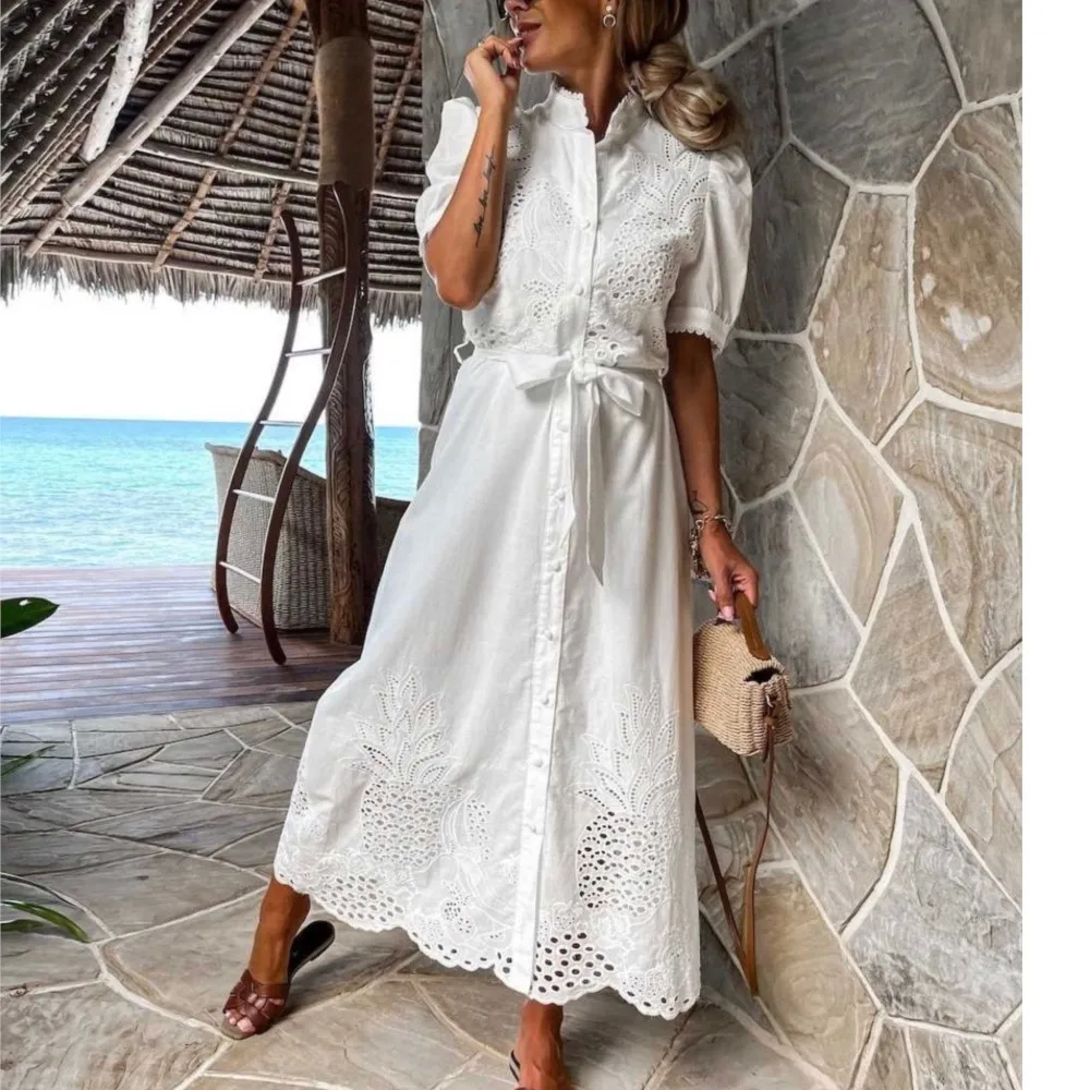 أزياء من الدانتل الدانتيل المرقعة قميص نسائي فستان أنيق الصيف الدانتيل متابعة الخصر محرك الإناث كبيرة سوينغ الوقوف طوق فساتين