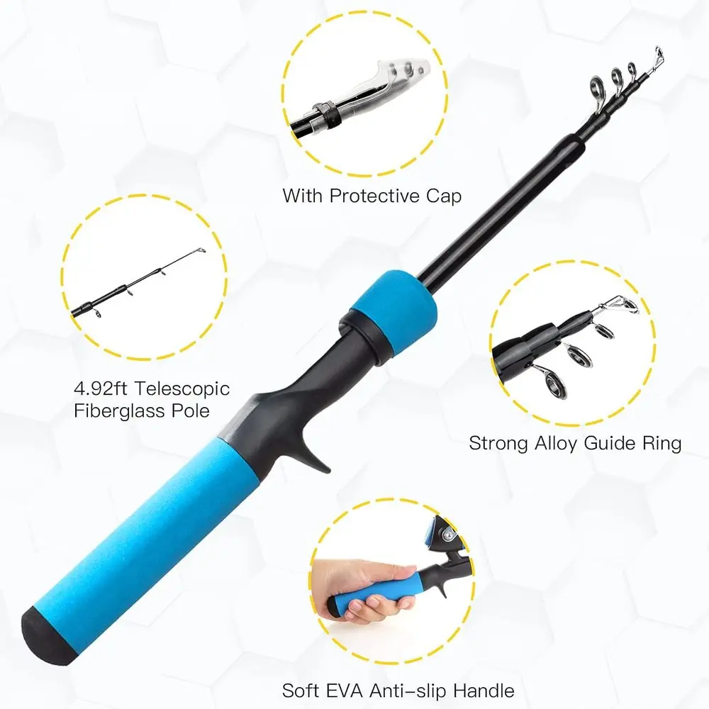 Kit de pesca telescópica para iniciantes, combinação de 59 hastes e carretilhas Spincast com caixa de equipamento, bolsa para crianças e bebês