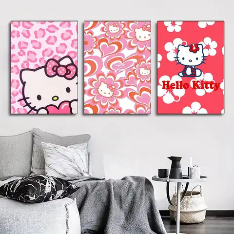 Cartoon H-Hello K-Kitty Poster for Living Room, Bedroom, Office, or Bar, Frameless, Indoor Use, Bedroom Wall Art.