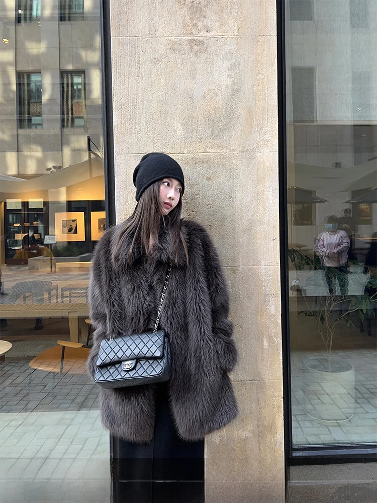 

4PRIL Store Signature Mocha ey Brown, новая версия, шуба, женский утягивающий топ, зимний длинный свеч, отложной воротник, эко-фриз...