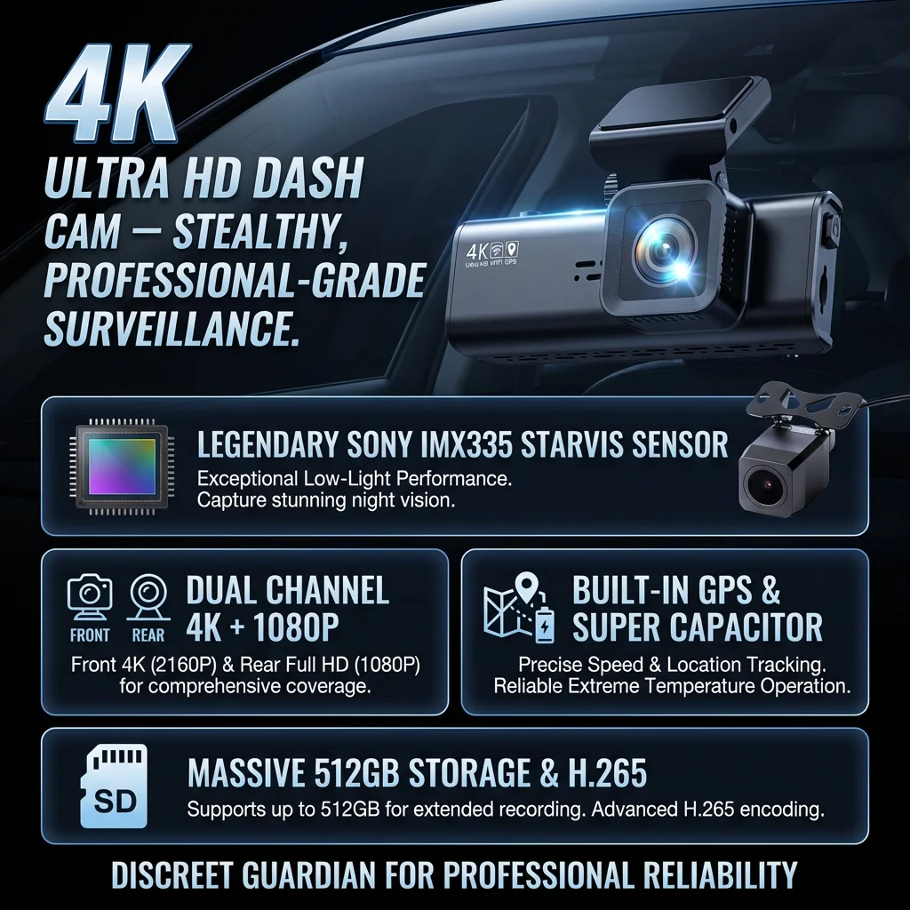 4K Dual Dash Cam Built-in GPS WiFi Front and Rear Car DVR 2160P IMX335 Sensor Night Vision 3.2